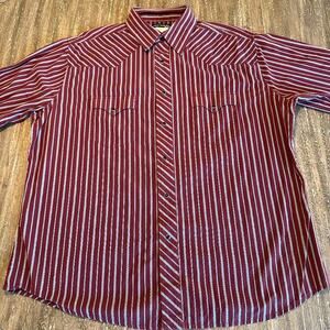 Vintage Men's Wrangler Long Sleeve Pearl Snap Shirt Maroon Striped, X-Large